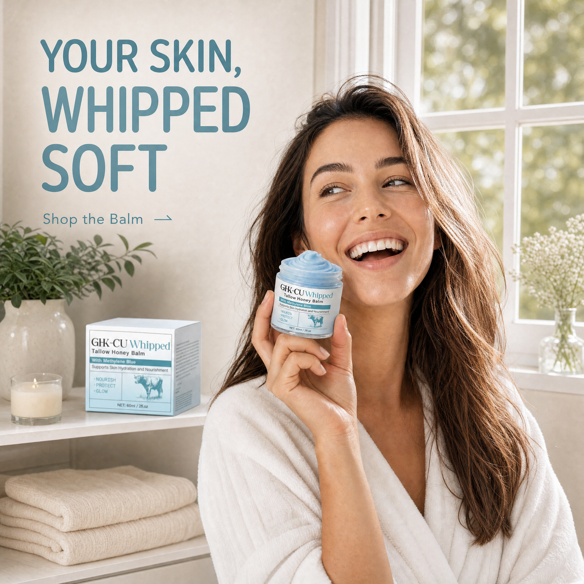 Model holding a jar of Cuvelle copper peptide tallow balm