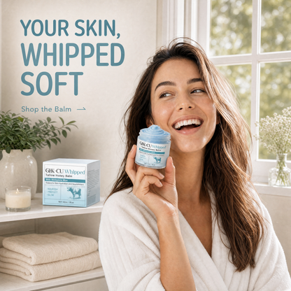 Model holding a jar of Cuvelle copper peptide tallow balm
