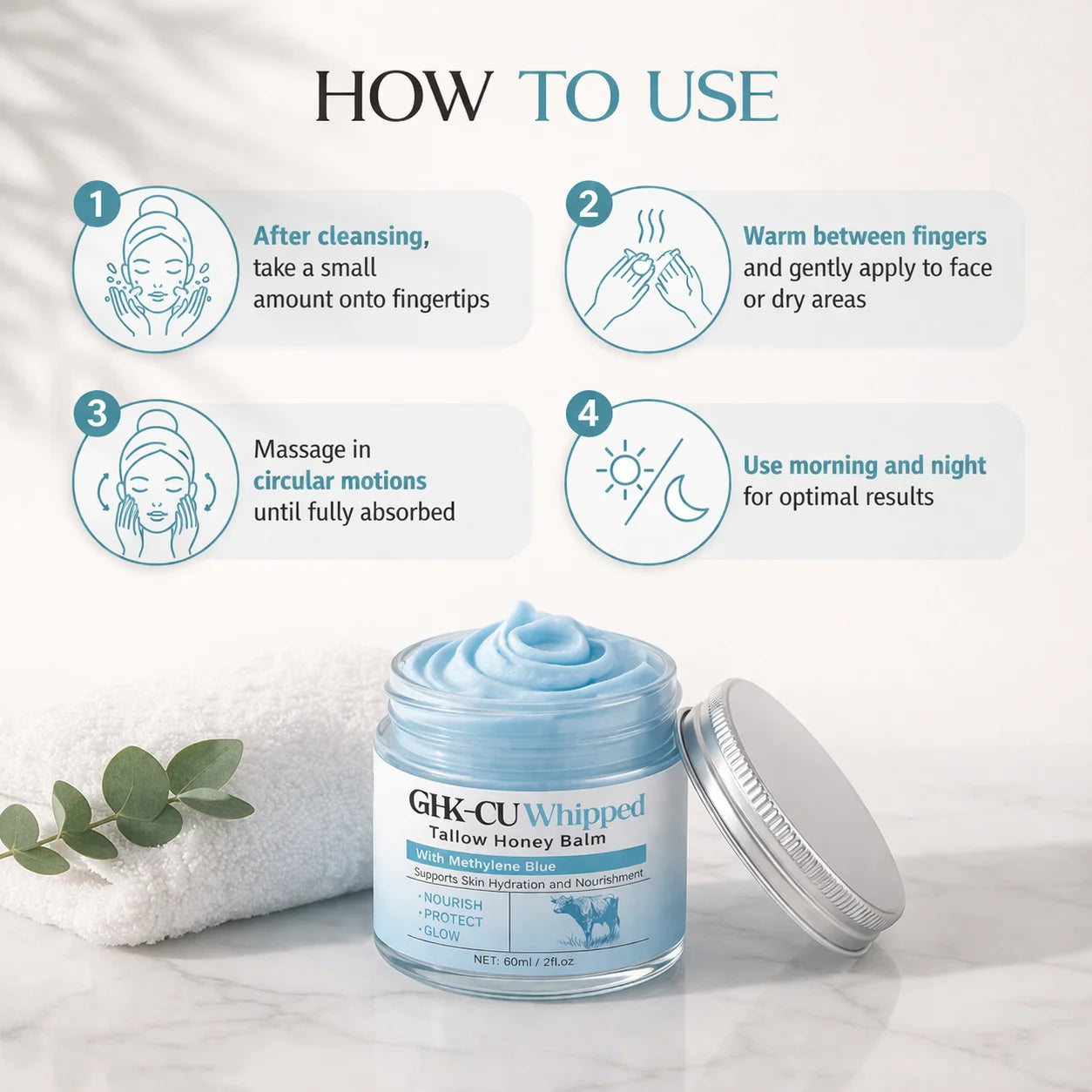 Illustrated directions showing how to warm and apply Cuvelle balm