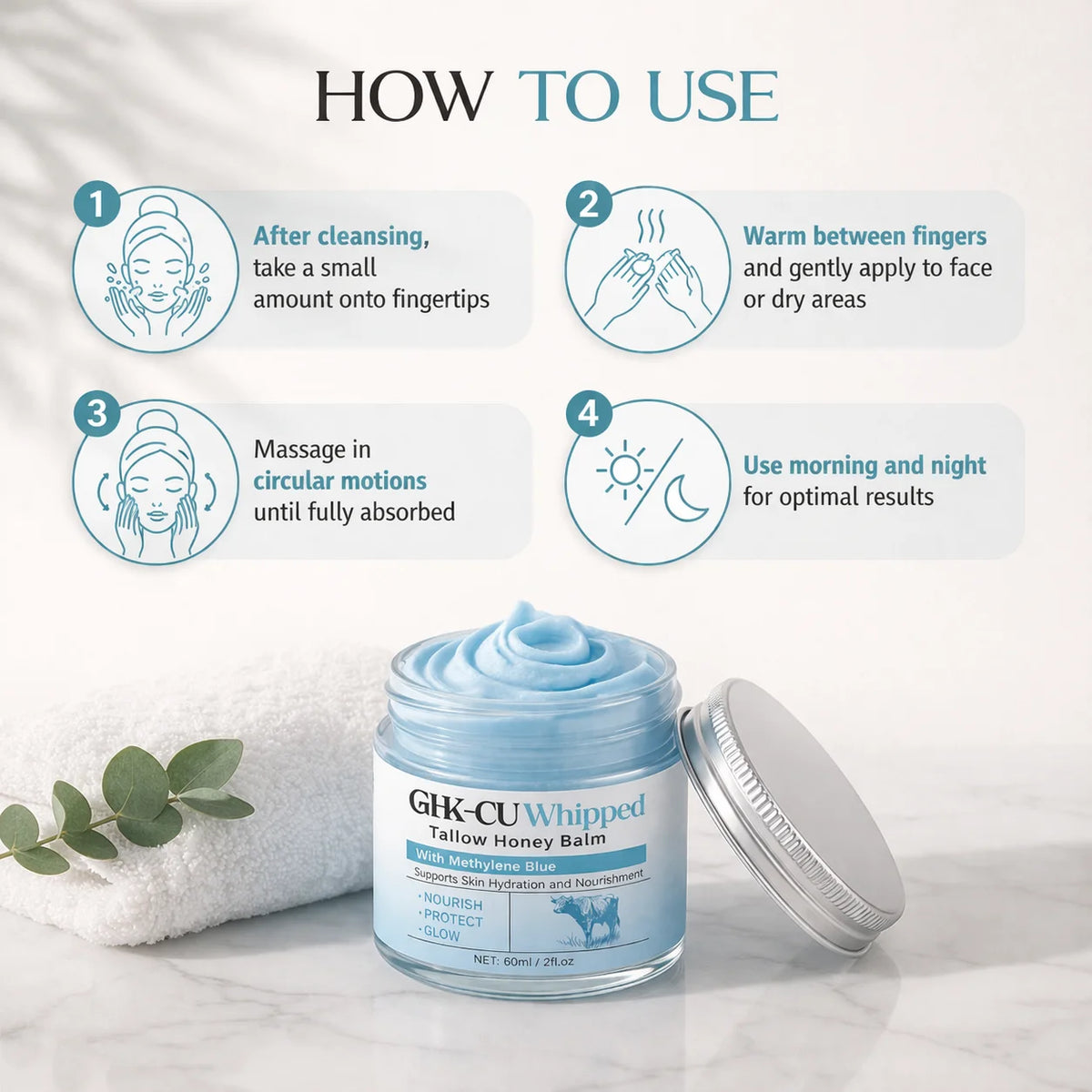 Illustrated directions showing how to warm and apply Cuvelle balm