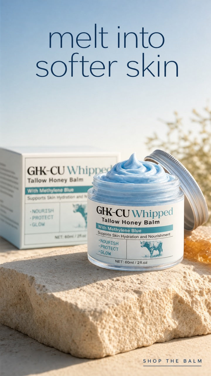 Cuvelle GHK-Cu tallow balm jar and carton with blue whipped balm